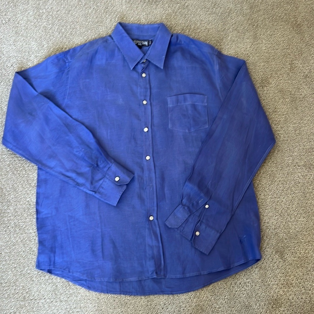 Vilebrequin Mens XXL Blue 100% Linen Long Sleeve Button Down Shirt Turtle Logo